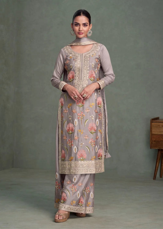 Lavender Mist Bloom Chinnon Silk Embroidered Suit Set